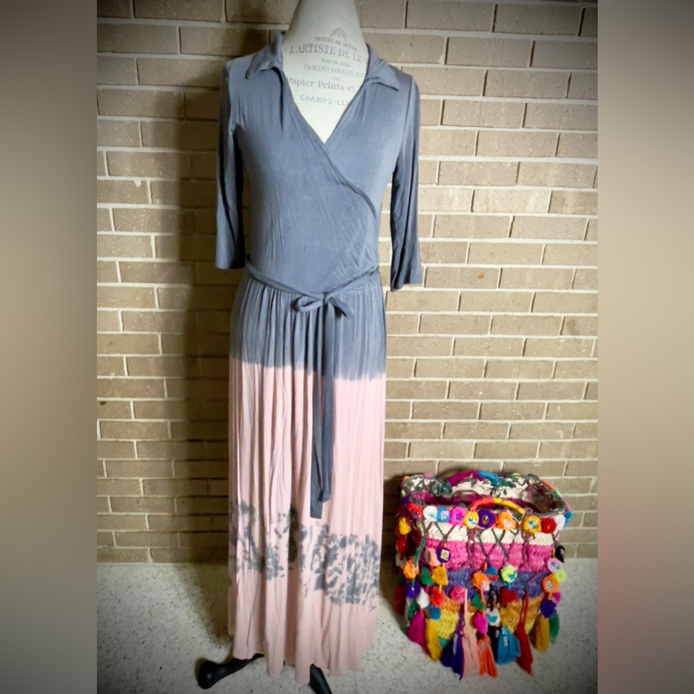 CIRANA 3/4 Length Sleeve, Pink and Grey Tie Dye Maxi with Belt